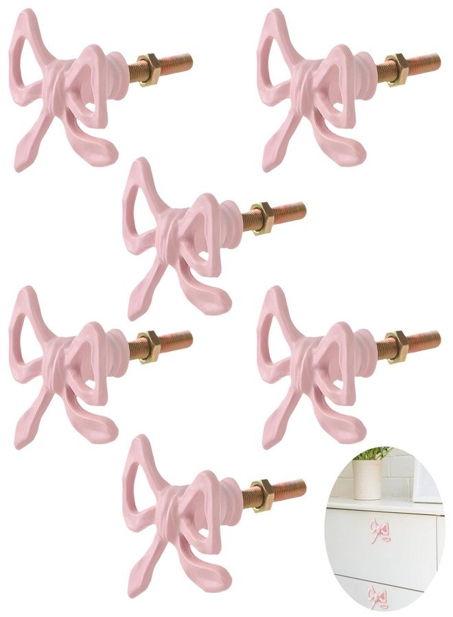 Homaisson 6 Pcs Pink Bow Dresser Knobs Pulls, Vintage Metal Cabinet Handles Drawer Hardware with Screws for Kitchen Cupboard Furniture Chest Door up to 2.2” Thick - Image 1